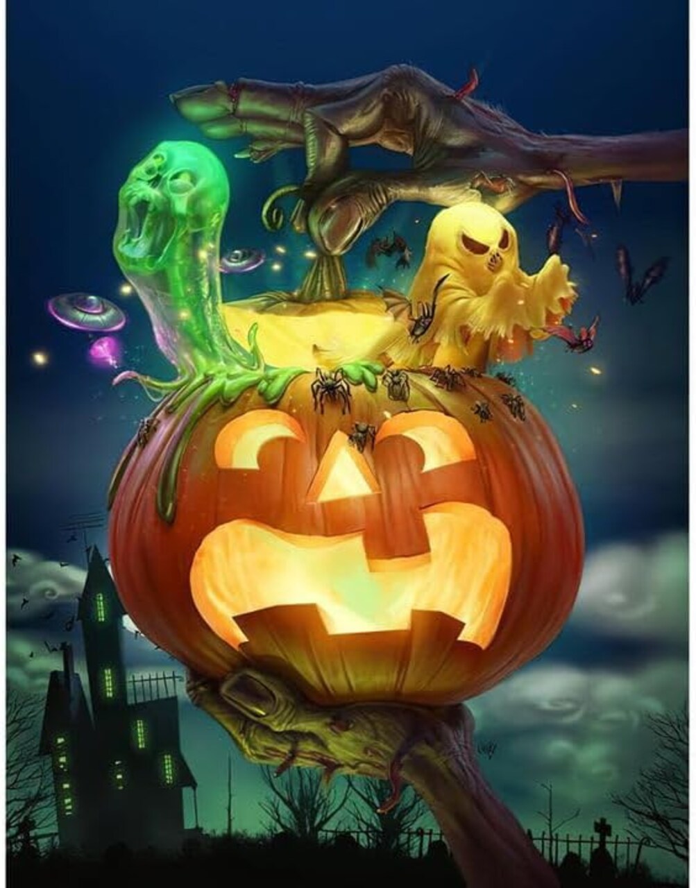 Halloween Diamond Painting Kits for Adults and Beginners, 5D Full Round Diamond Halloween Diamond Art Kit, Diamond Dots Diamonds Pictures Arts and Crafts for Home Wall Decor-12x16inch